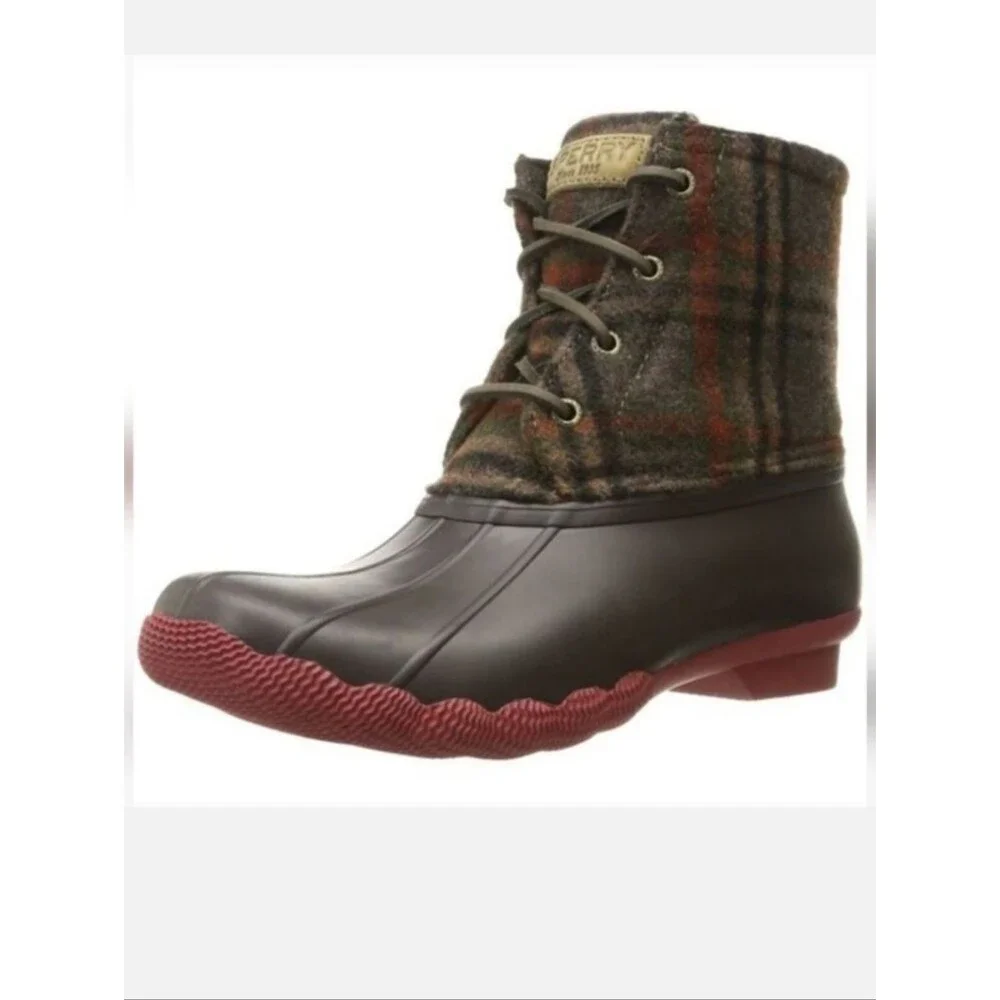Sperry Saltwater Short Duck Boots In Brown Plaid